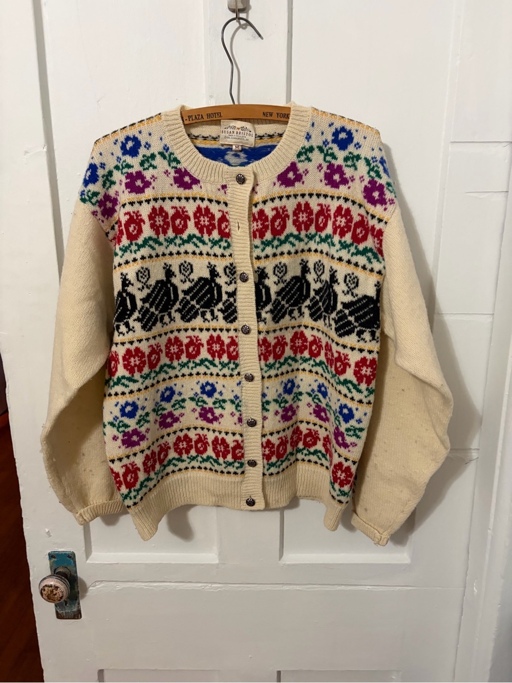 vintage Susan Bristol Fair Isle knit cardigan featuring a novelty turkey motif